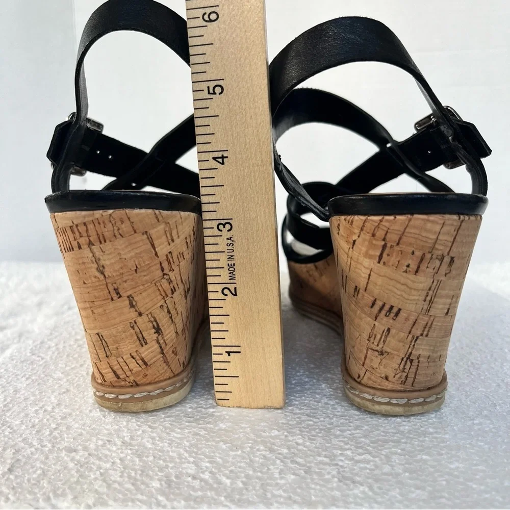 Franco Sarto Women's Leather Black and Tan Cork Strappy Wedge Sandals Size 9M